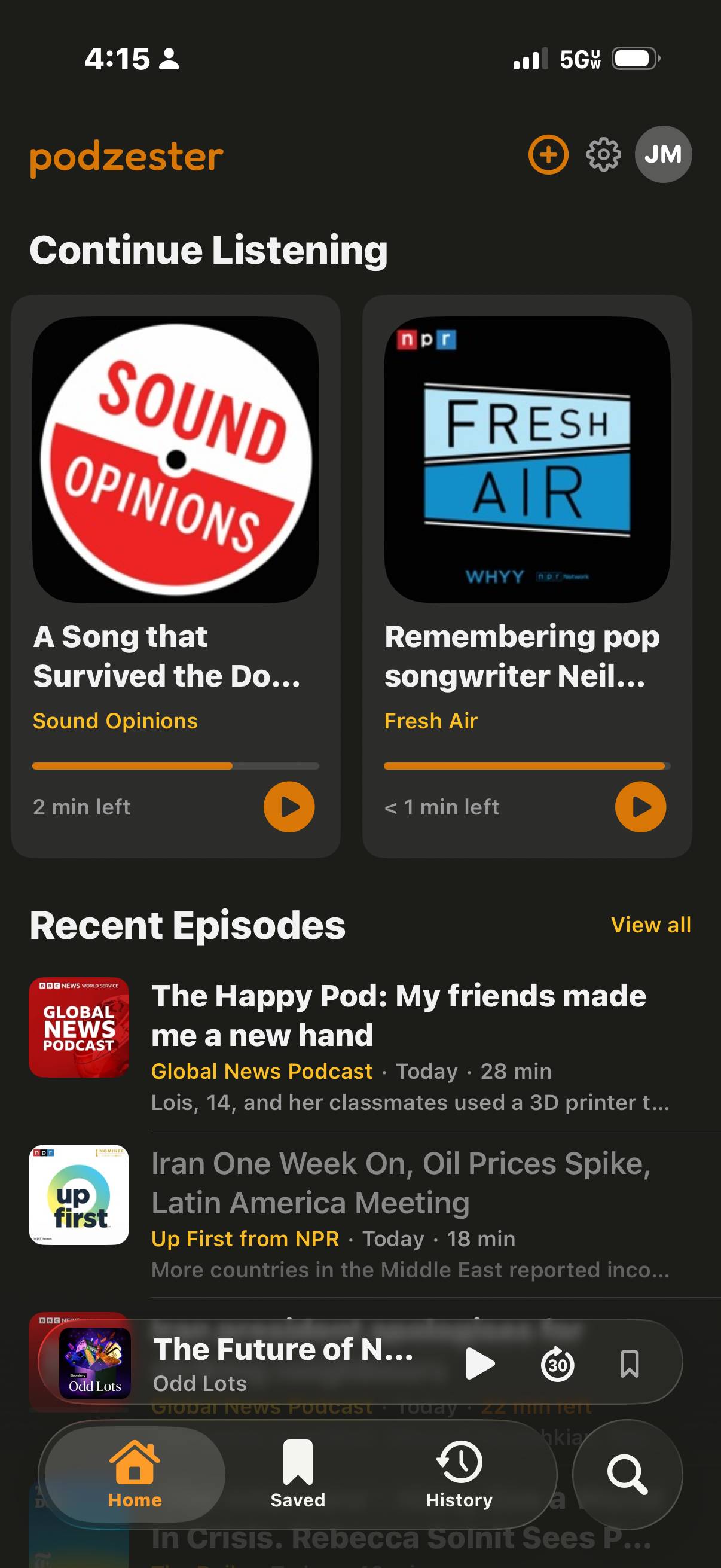 Podzester home screen showing Continue Listening and Recent Episodes