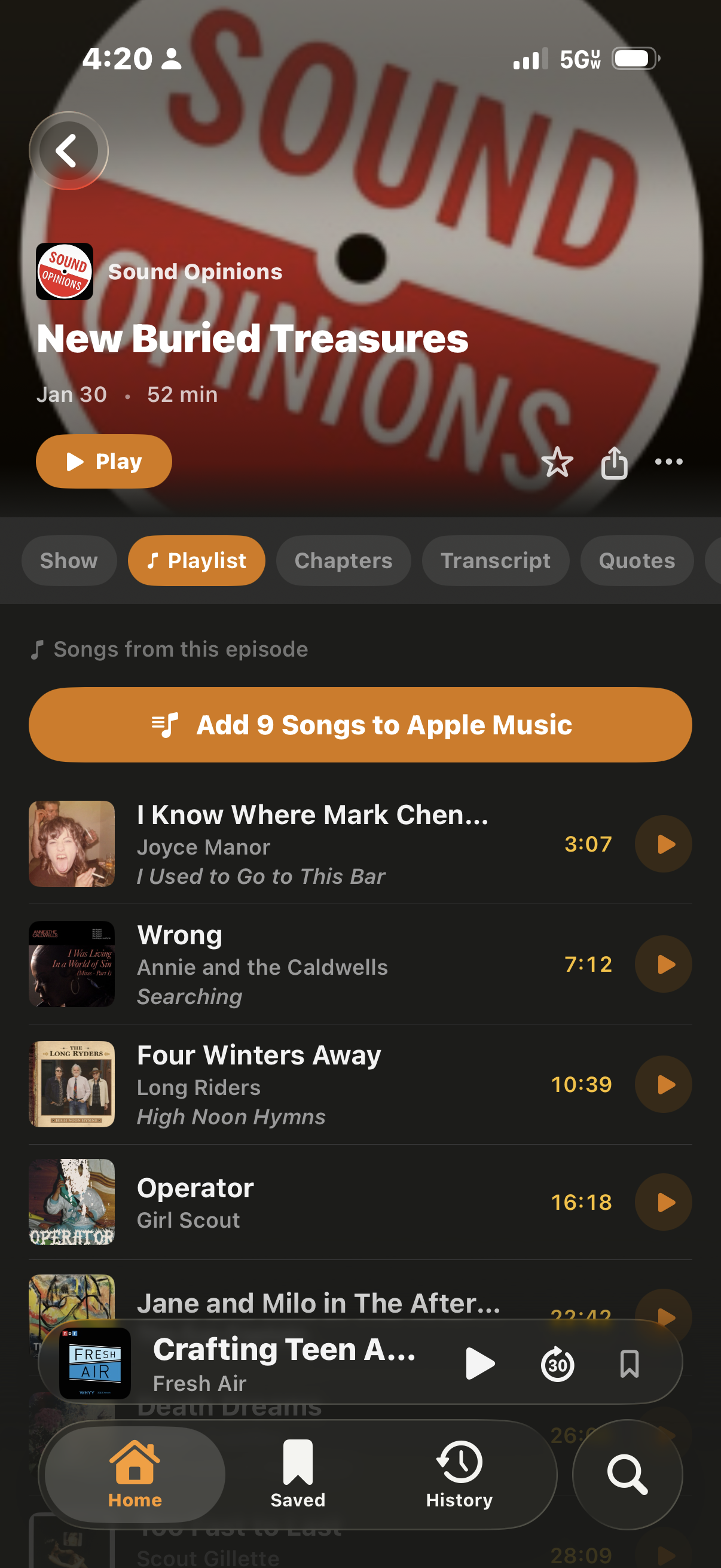 Playlist tab showing 9 indie songs from Sound Opinions Buried Treasures episode